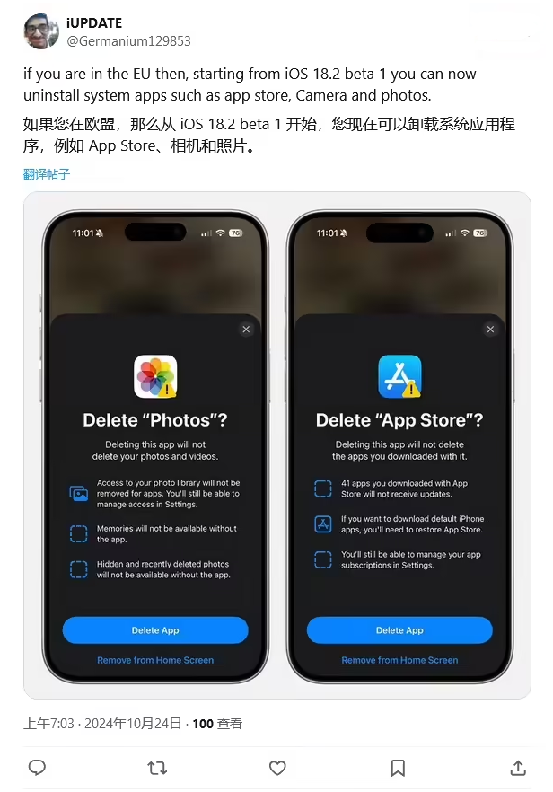 金凤苹果手机维修分享iOS 18.2 支持删除 App Store 应用商店 