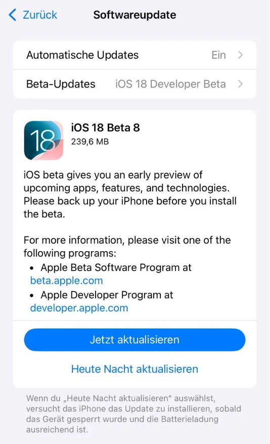 金凤苹果手机维修分享苹果 iOS / iPadOS 18 开发者预览版 Beta 8 发布 